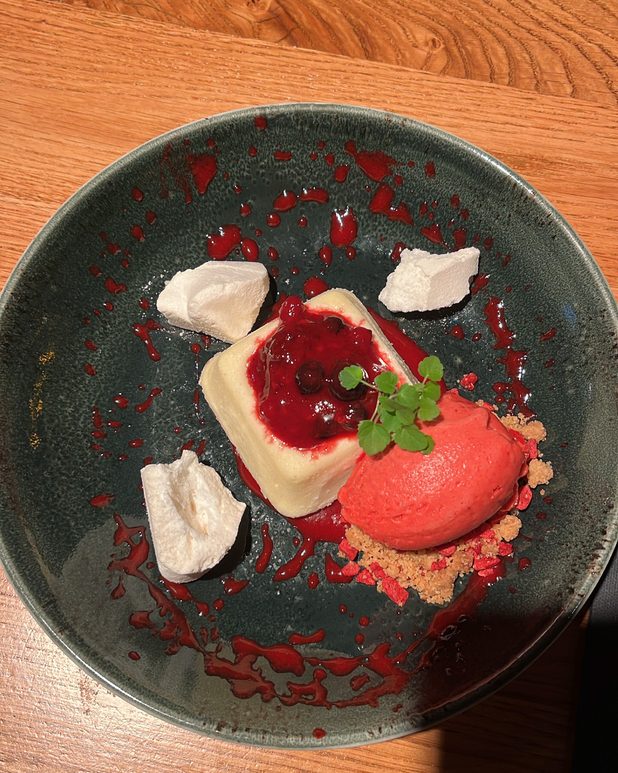 A set custard with berry coulis and a sorbet quenelle