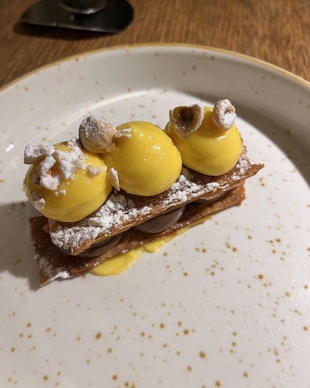 A lemon mille-feuille dusted with sugar