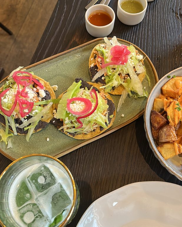 Tostadas with pickled onion and three salsas