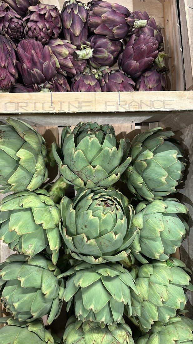Purple and green artichokes in crates stamped Origine France