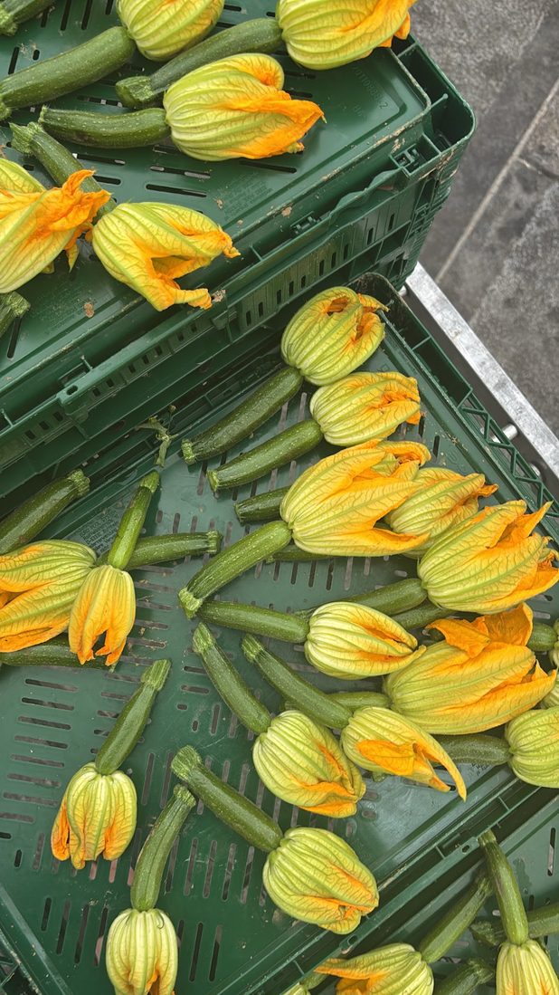 Courgette flowers and baby courgettes stacked in market crates