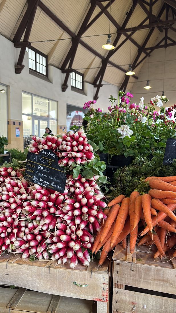 Radishes, carrots, and flowers under a market hall roof